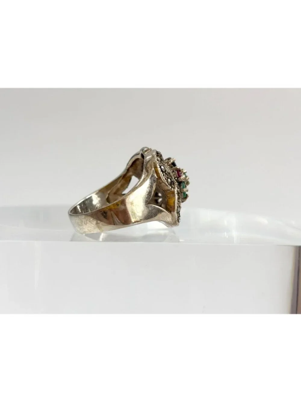 Art Deco Marcasite, Emerald, Garnet Sterling Silver 925 Vintage Ring - sz 9.75